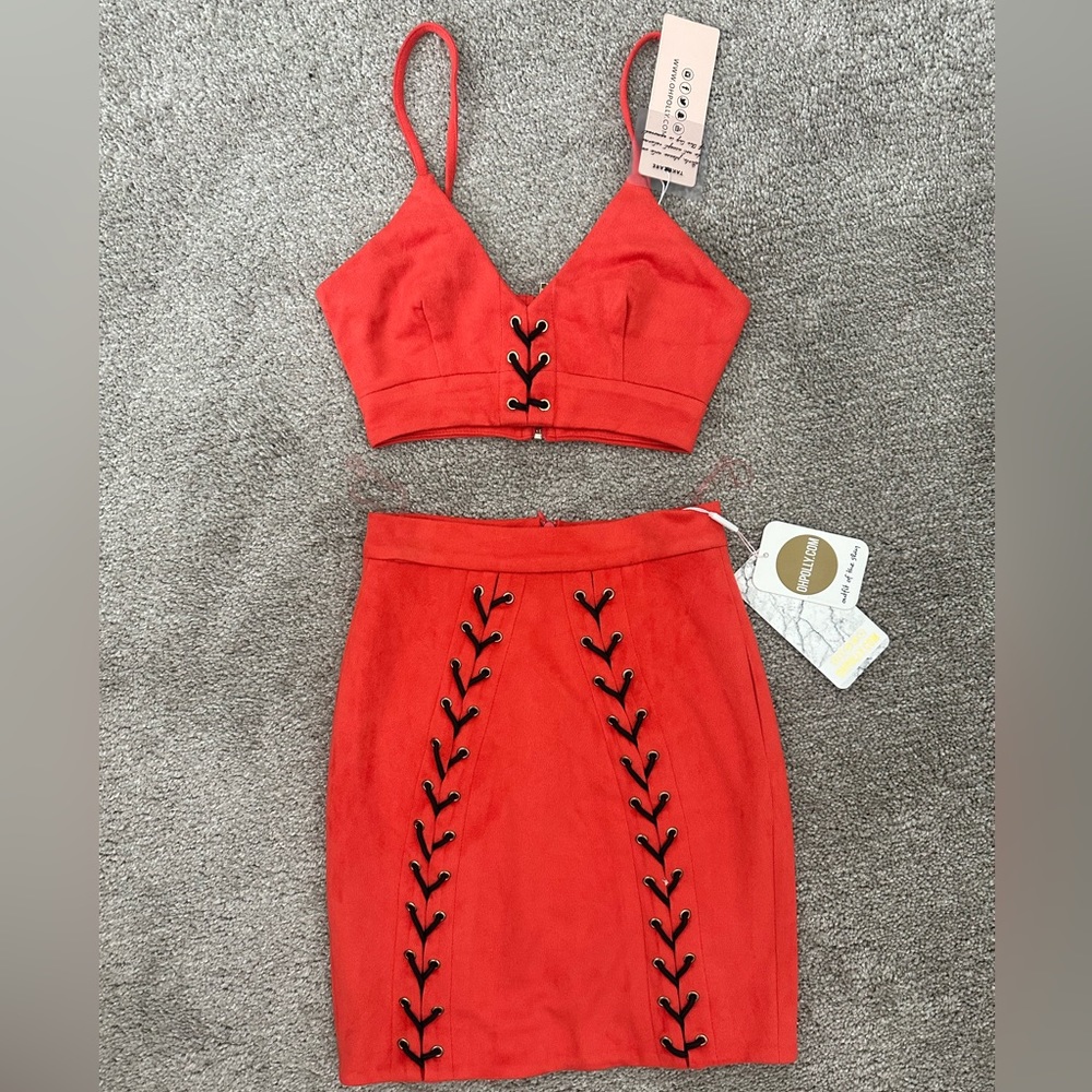 Oh Polly NEW All Eyelets On You Suede Contrast Mini Skirt and Top in Red